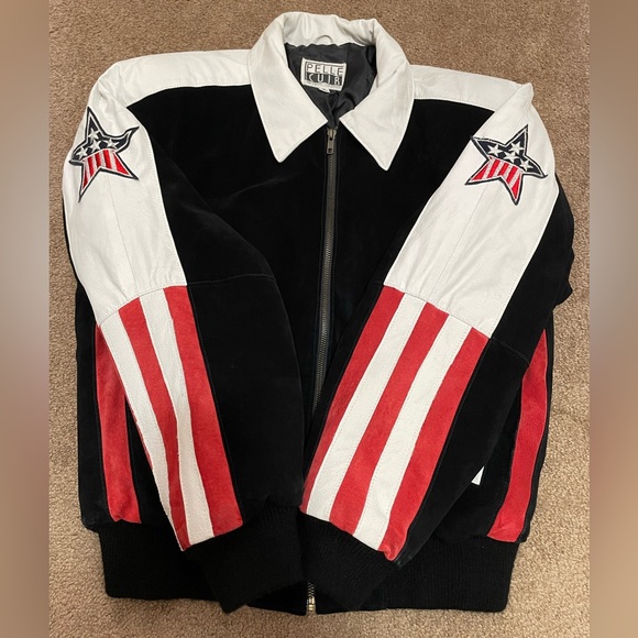 SPECTACULAR “PELLE CUIR” USA AMERICAN FLAG LEATHER & SUEDE VINTAGE JACKET SIZE S - Picture 2 of 16
